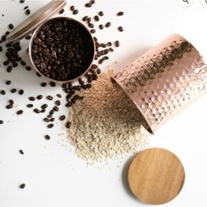 NIB Uncommon James Set of 2 Medium & Large Hammered Copper Canisters Wooden Lids